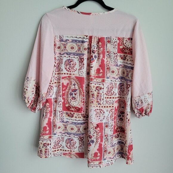 Flamingo Pink Striped Paisley Floral Print Puff Short Sleeve V-Neck Top - Picture 8 of 10